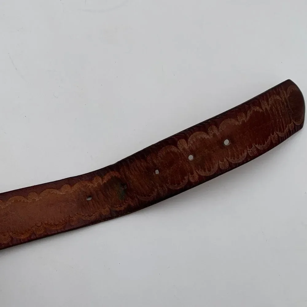 Brown Leather western style belt with braided leather and denim.